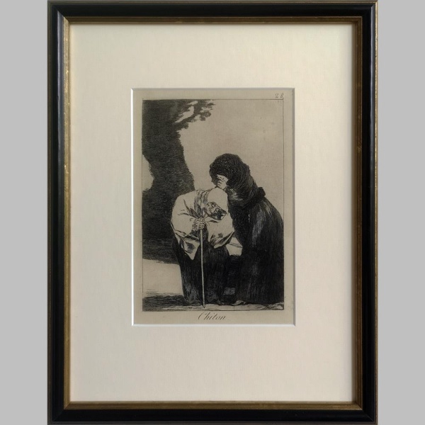 Die Radierung "Chiton" von Francisco de Goya beeindruckt mit ihrer unsignierten Originalität und einer Größe von 30 x 40 cm. In einem eleganten braun-goldenen Holzrahmen mit Museumsglas präsentiert, bewahrt sie ihre Schönheit über die Zeit. Goyas Talent, Emotionen in Kunst zu gießen, erreicht hier einen Höhepunkt. Die feinen Linien und Schattierungen erfassen menschliche Erfahrungen auf meisterhafte Weise. Die Radierung ist ein zeitloser Schatz, der Geschichten erzählt und Emotionen einfängt – ein Muss für Kunstliebhaber und Sammler. Sichern Sie sich dieses Stück Kunstgeschichte für Ihr Zuhause.