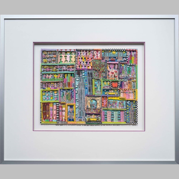 Dieses Kunstwerk in limitierter Auflage (350 Exemplare) mit den Maßen 40 x 50 cm fängt die Energie und Freude der Stadt perfekt ein. Es ist in einem matten Aluminiumrahmen mit Museumsglas und säurefreien Materialien gerahmt. Die einzigartige 3-D Siebdruck-Technik verleiht dem Werk Tiefe und Textur, während Rizzis charakteristischer Stil lebendige Farben und Details hervorhebt. Ein begehrtes Sammlerstück, das die dynamische Atmosphäre von New York City einfängt.