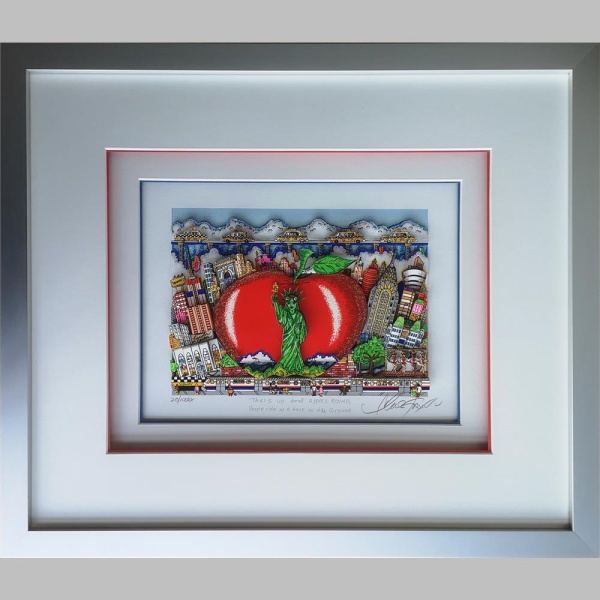 Taxis up and Apples round, People ride in a Hole in the Ground ist ein Kunstwerk von Charles Fazzino. Es wurde mittels Siebdruck auf Büttenpapier geschaffen. Es hat eine Limitierung von 350 Exemplaren und ist handsigniert.