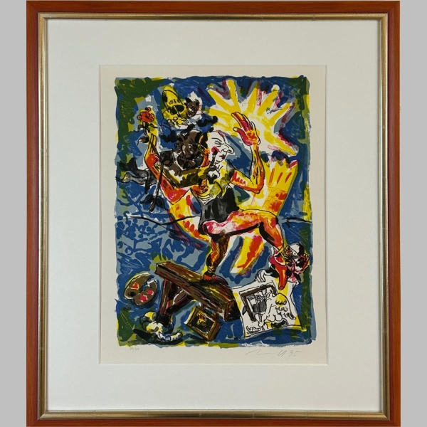Zeitgenössisches Kunstwerk von Jörg Immendorff aus dem Zyklus The Rake, Mischtechnik auf Papier.